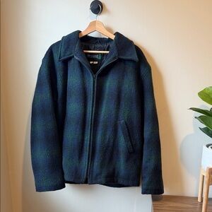 Pendleton Navy and Green Wool Plaid Zip Jacket